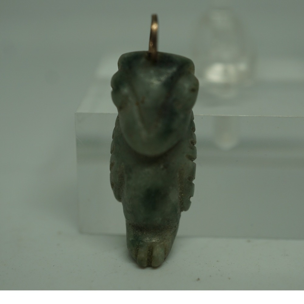 Carved Green Jade Owl Pendant Copper Bail 1.5" Vintage Stone Figural Charm